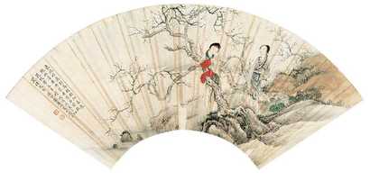 叶曼叔 季守正 梅花仕女 书法 扇面